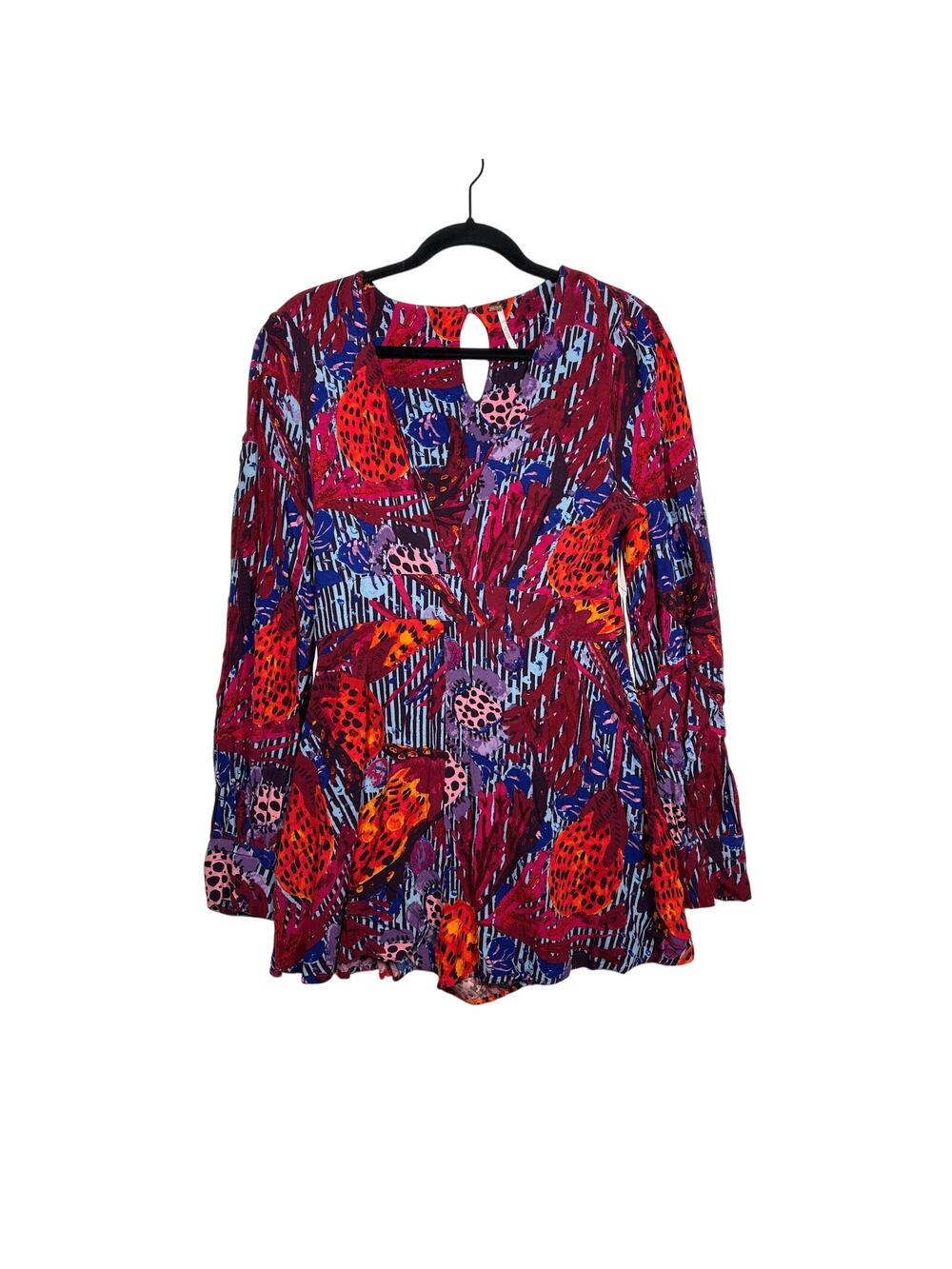 Free People Audrey Long Sleeve Romper V-Neck Printed Red Combo Shorts Size 8